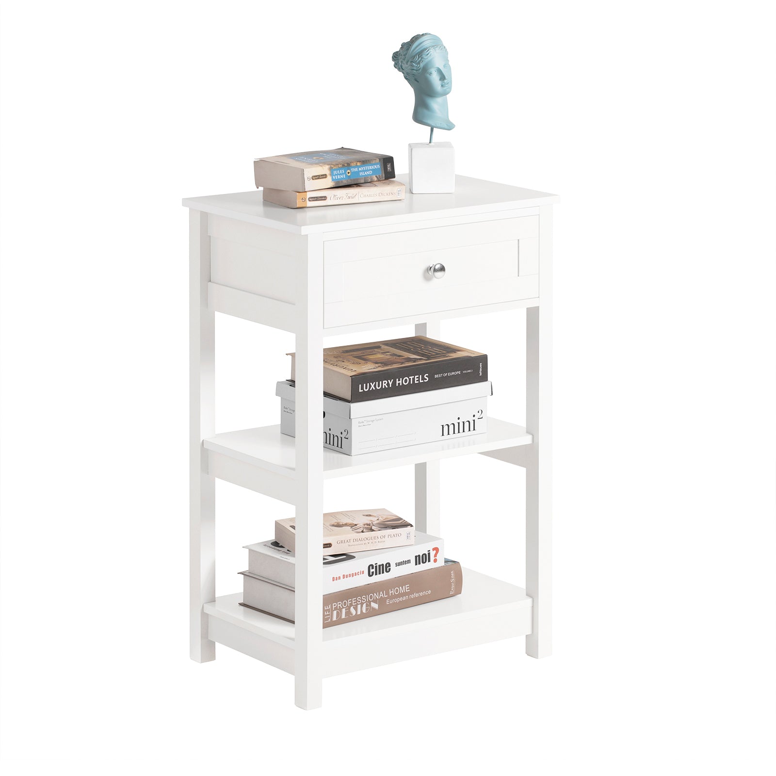 FBT46-W,Beside Table with 1 Drawer 2 Shelves,End Table Lamp Table Side Table Night Stand, White